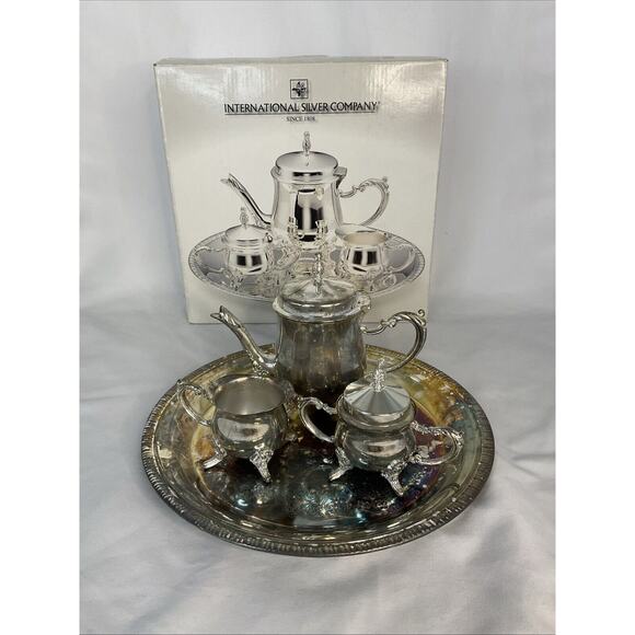 Mini International Silver Co 4 Pc Coffee Tea Set Teapot Creamer Sugar Platter - Picture 1 of 14